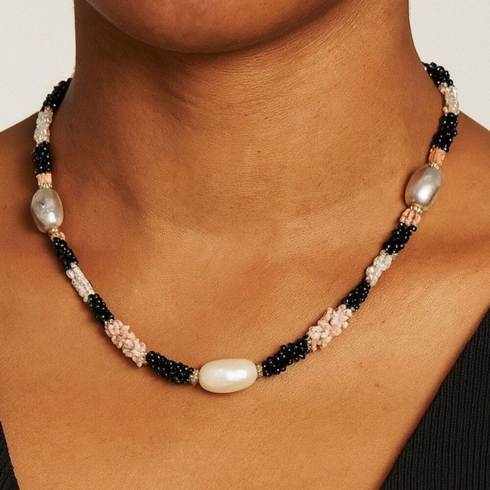 Elegant Necklace of Angel Skin Coral, Black Onyx and Freshwater Pearls